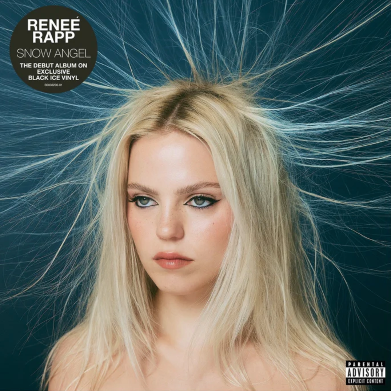 The cover image features Reneée Rapp for the 'Snow Angel' vinyl album. It displays a translucent black ice LP with a striking image of Reneée with dynamic, windswept hair, set against a dark background with a blue tint.
